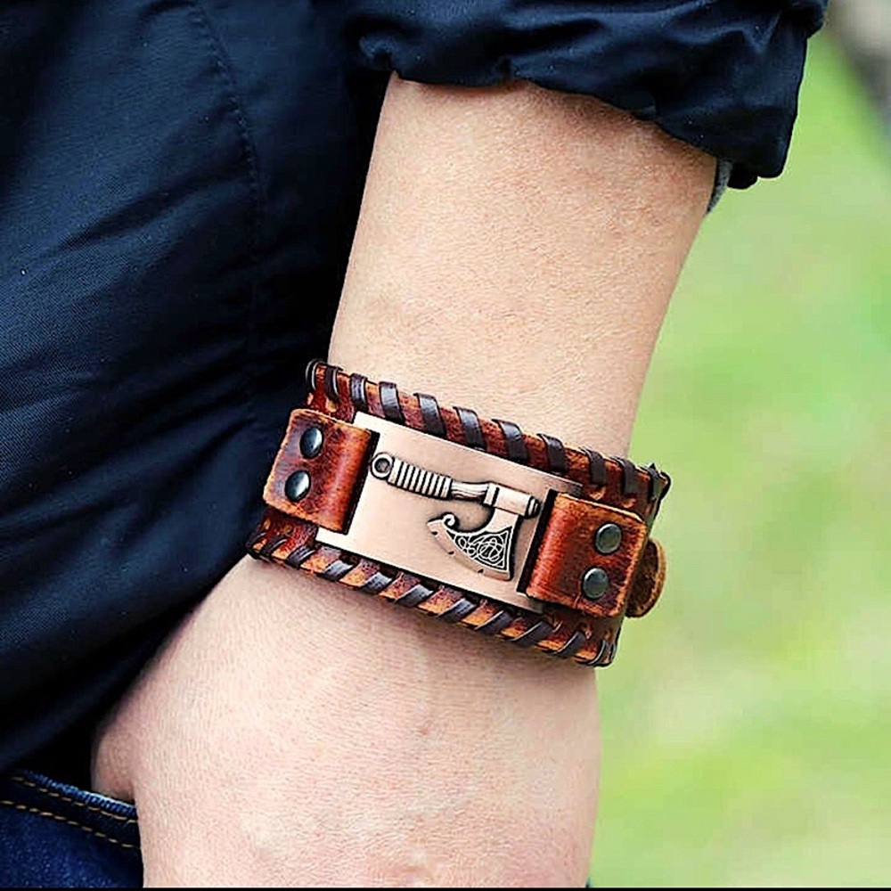 Brown Leather Bracelet Cuff For Men With Viking Axe